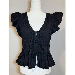 Jennifer & Grace Black Seersucker Top Flutter Sleeve Front Ties Zip Closure Med